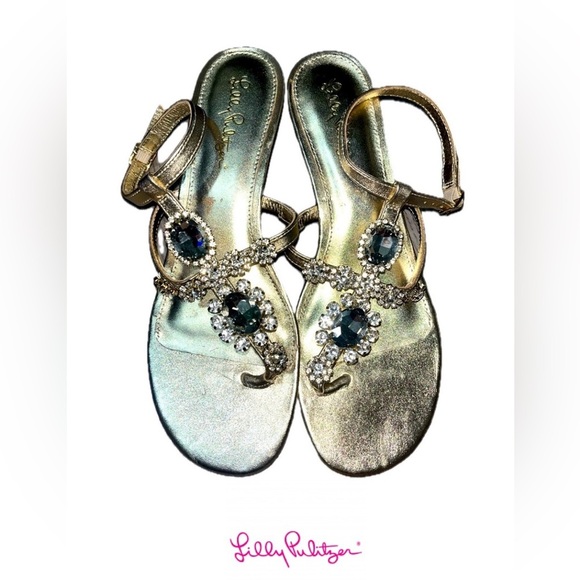 Lilly Pulitzer Glamorous Gold and Silver Jeweled Sandals with Ankle Straps, 7.5M - Picture 2 of 14